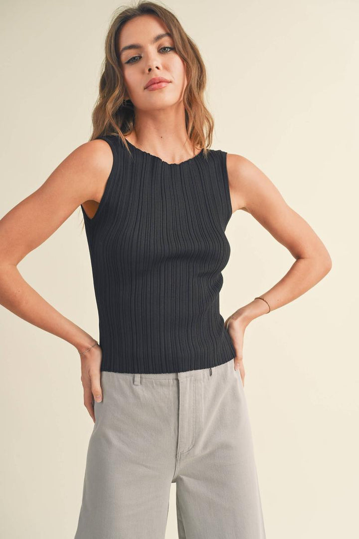Miou Muse - Viscose Ribbed Knitted Top in Black