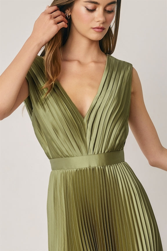 Dress Forum - Pleated Satin V-Neck Maxi Dress
