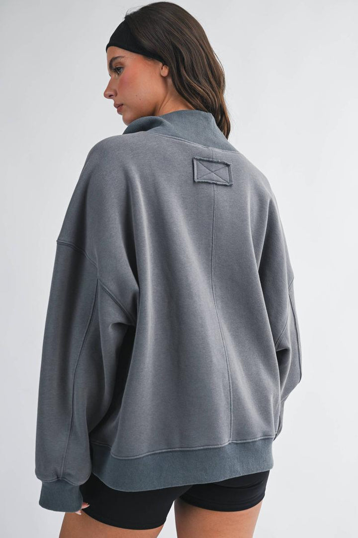 AEMI + CO - Oversized Snap Neck Pullover Sweatshirt in Charcoal