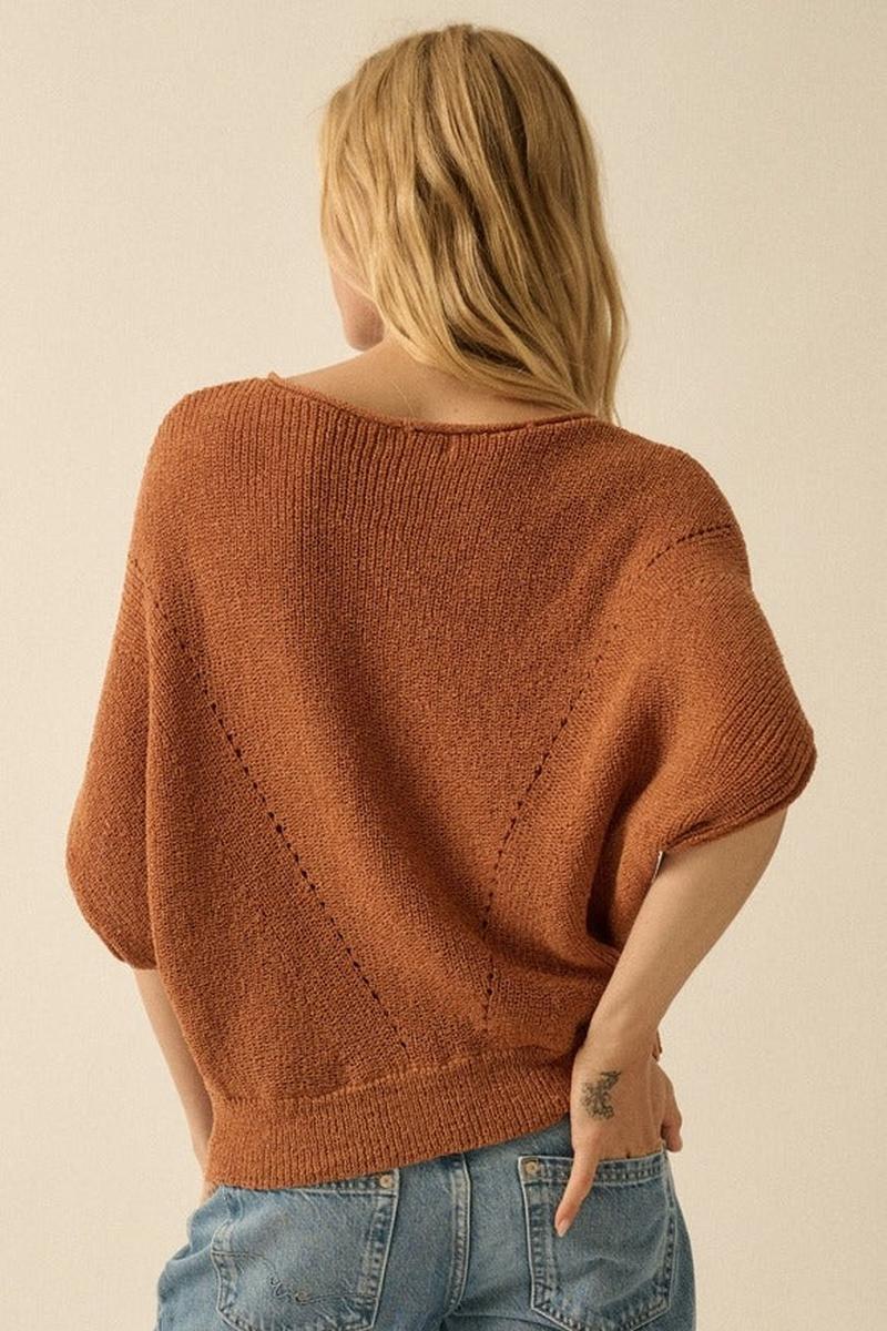 Promesa USA - Short-Sleeve Pointelle Ribbed Knit Sweater in Sunburn