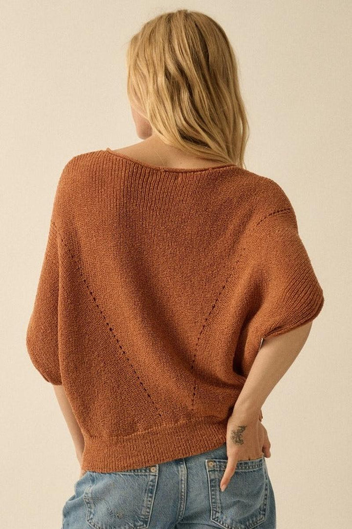Promesa USA - Short-Sleeve Pointelle Ribbed Knit Sweater in Sunburn