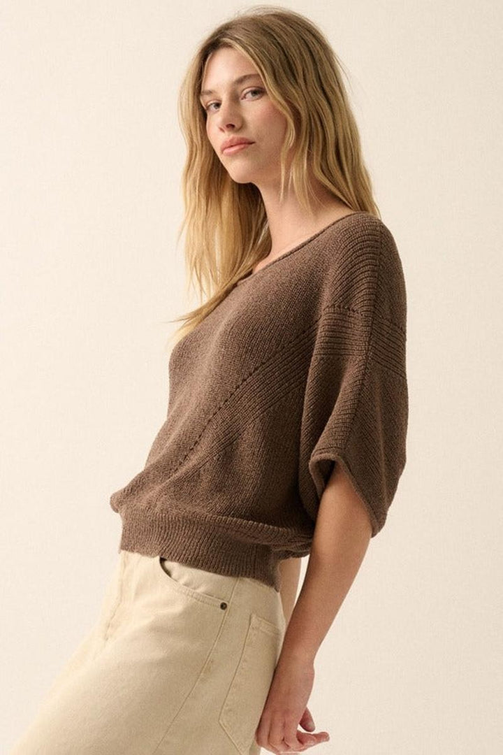 Promesa USA - Short-Sleeve Pointelle Ribbed Knit Sweater in Espresso