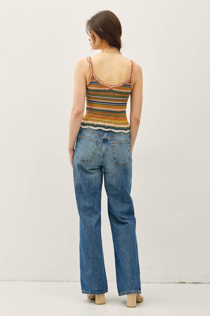 Be Cool - Scalloped Edges Multi Color Striped Knit Tank in Teal Combo