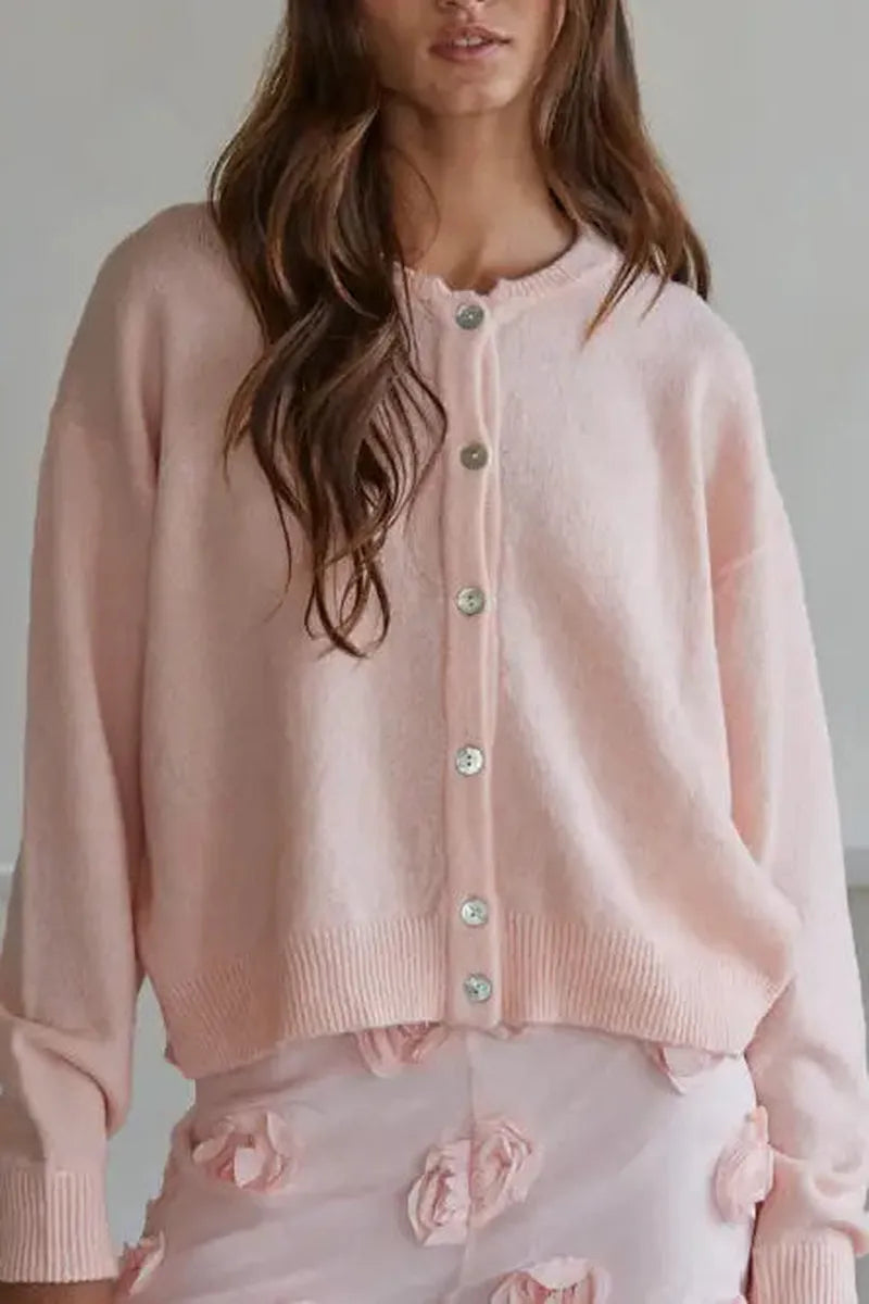 By Together - Knit Sweater Crew Neck Cardigan in Light Pink