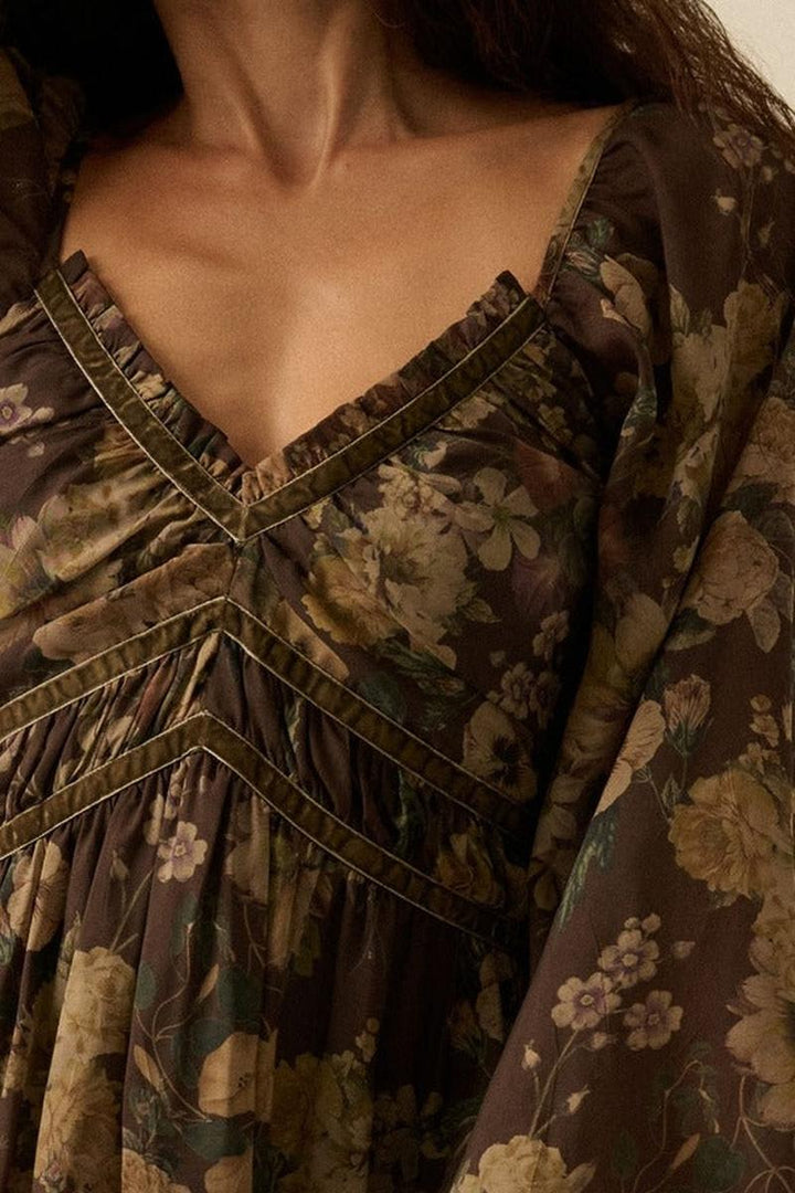 Promesa USA - Floral-Print Vlevet-Trimmed Maxi Peasant Dress in Chocolate