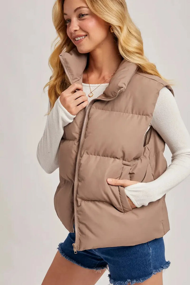 Bluivy - Zipper Front Puffer Vest in Mushroom