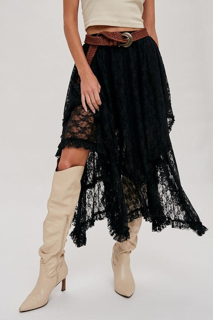 Bluivy - Lace Tier Midi Skirt in Black