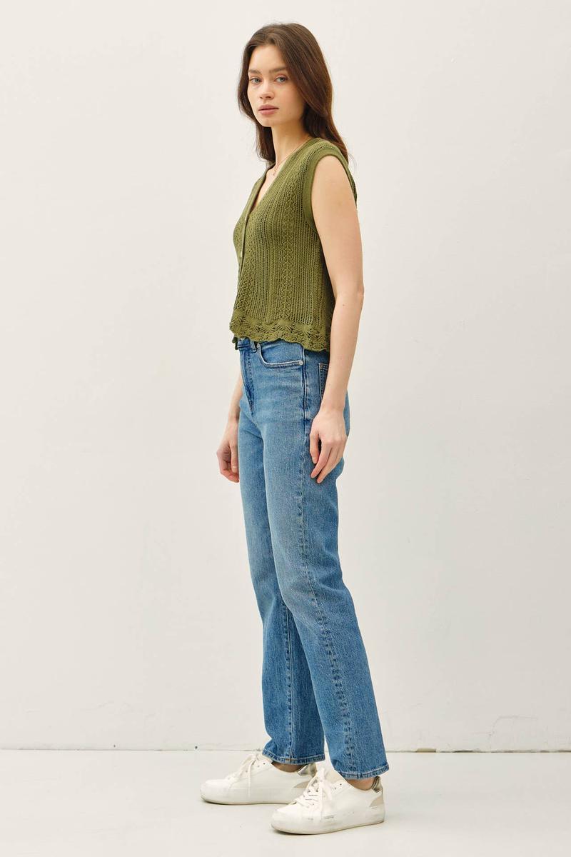 Be Cool -  Button Up Crochet Knit Tank in Moss