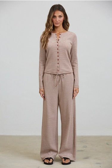 Creamon - Brown Lounge Striped Button Down Top & Pants Set
