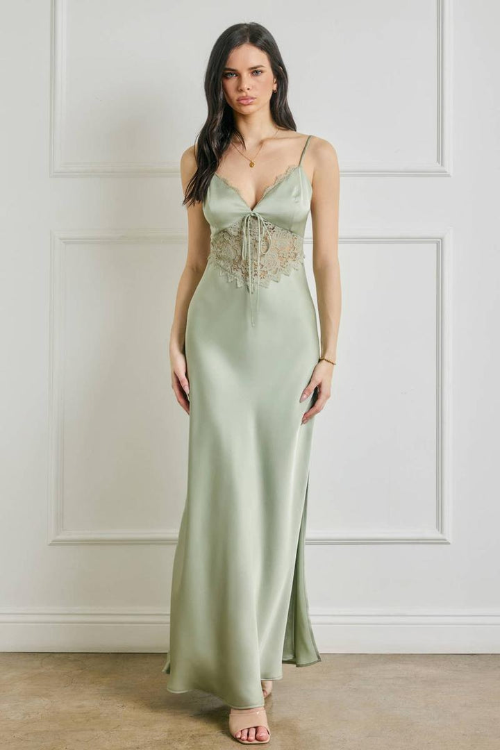 Dress Forum - Dull Satin Lace Detail Maxi Dress in Light Sage