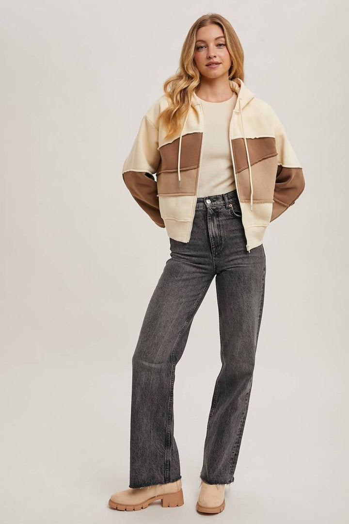 Bluivy - Zipper Front Patchwork Landscape Hoodie in Mocha Combo