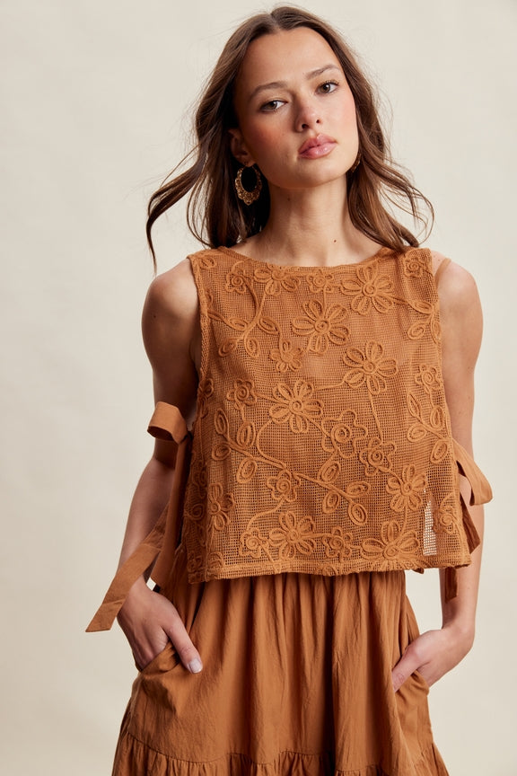 Listicle - Embroidered Lace Vest & Sleeveless Midi Dress Set