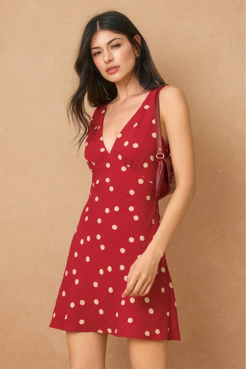 Dress Forum - Polka Dot V Neck Shirred Bust Mini Dress in Red/Ivory