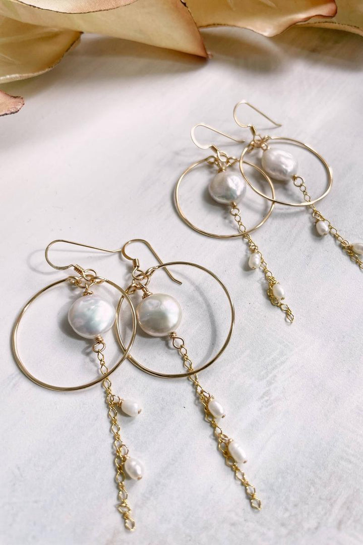 Quinn Sharp - Freshwater Pearl Coin Chain Dangle Hoops | 14kt Gold Filled