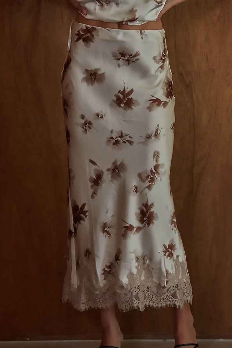 By Together - Woven Satin Polyester Floral Print Midi Skirt
