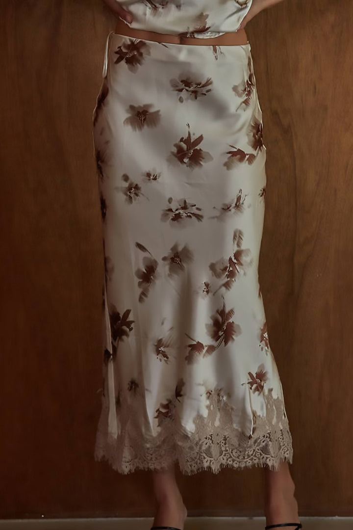 By Together - Woven Satin Polyester Floral Print Midi Skirt