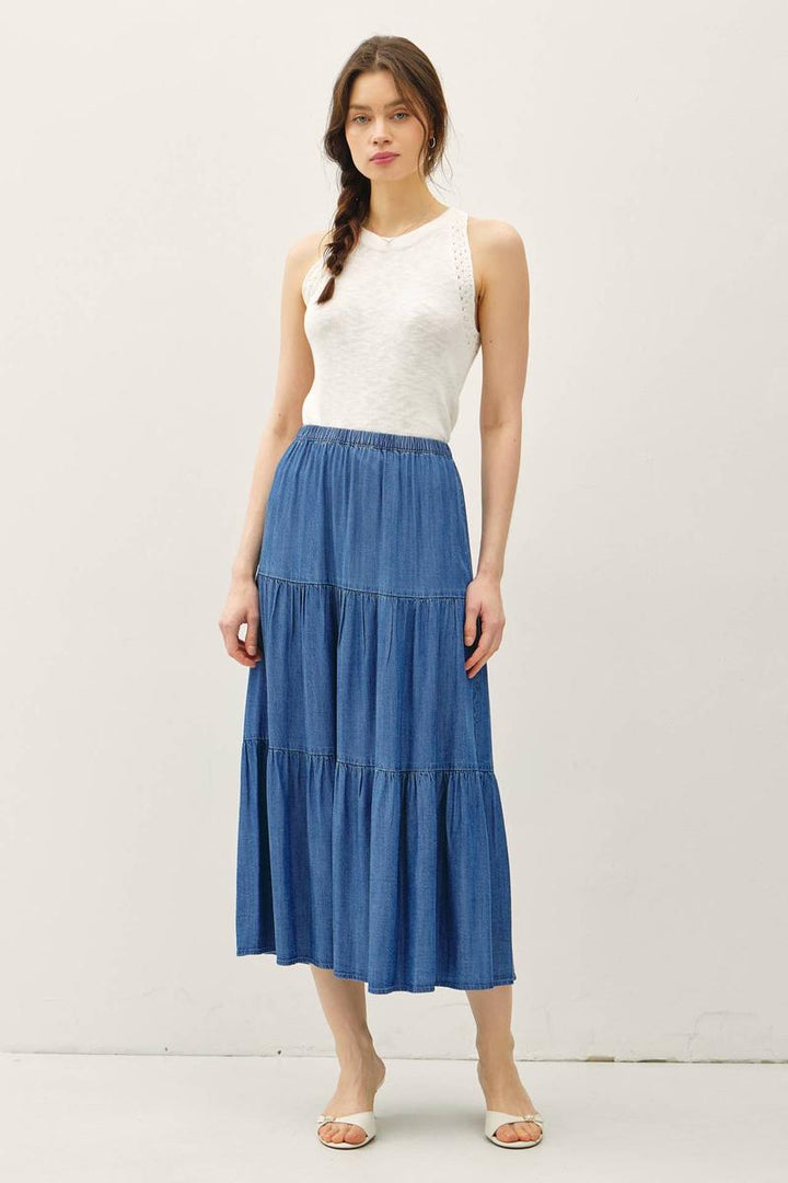 Be Cool - Denim Look Tencel Tiered Maxi Skirt in Medium Wash