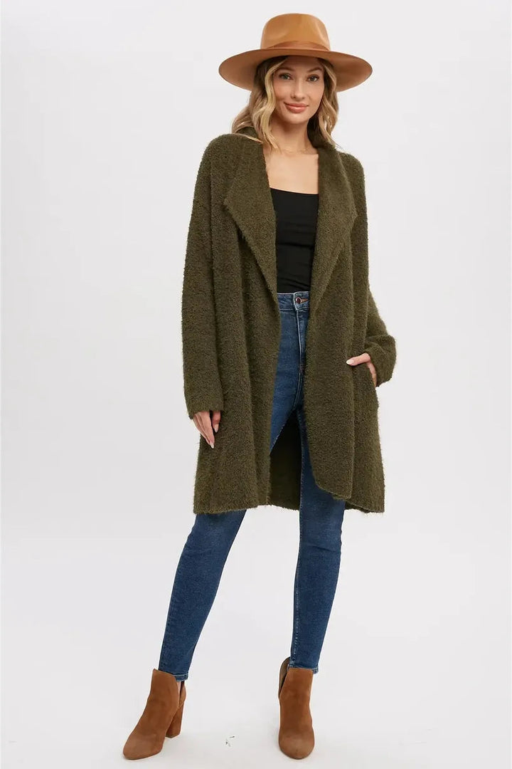 Bluivy - Soft Fuzzy Drape Front Cardigan in Olive