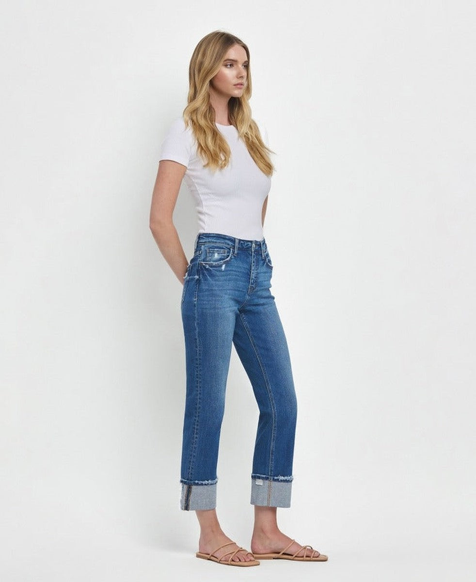 VERVET by Flying Monkey - High Rise Cuffed Straight Jeans in Daphne