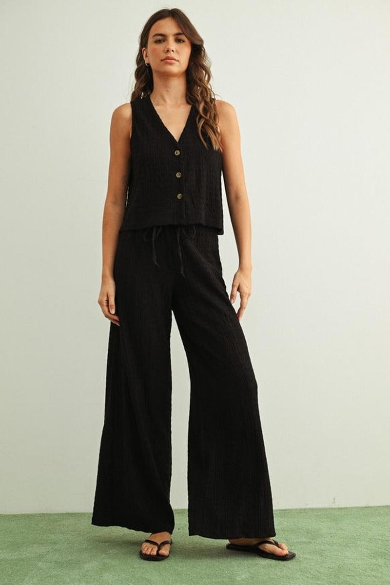 MIOU MUSE - Crinkled Fabric Elastic Band Waist Pants in Black