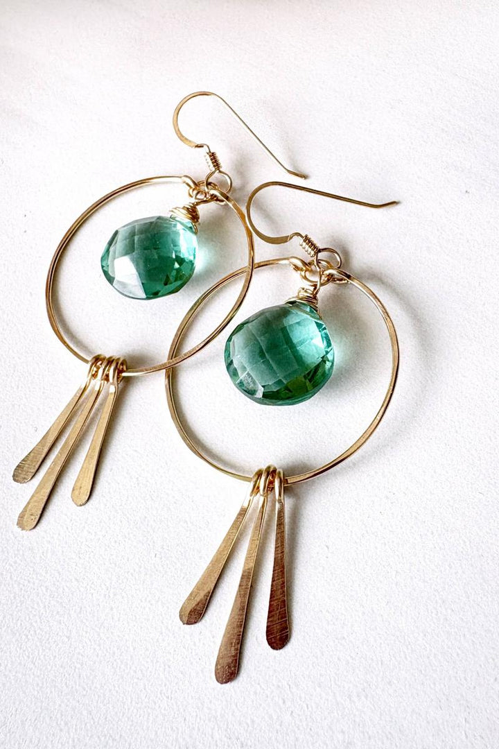Quinn Sharp - Sea Green Quartz Gemstone Hoops Triple Fringe | Gold Fill