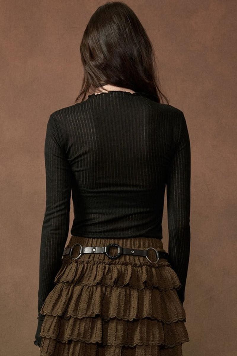 Promesa USA - Semi-Sheer Ribbed Knit Mock-Neck Long-Sleeve Thumbhole Top