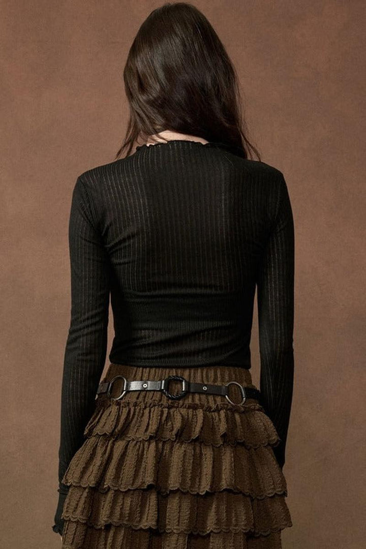 Promesa USA - Semi-Sheer Ribbed Knit Mock-Neck Long-Sleeve Thumbhole Top