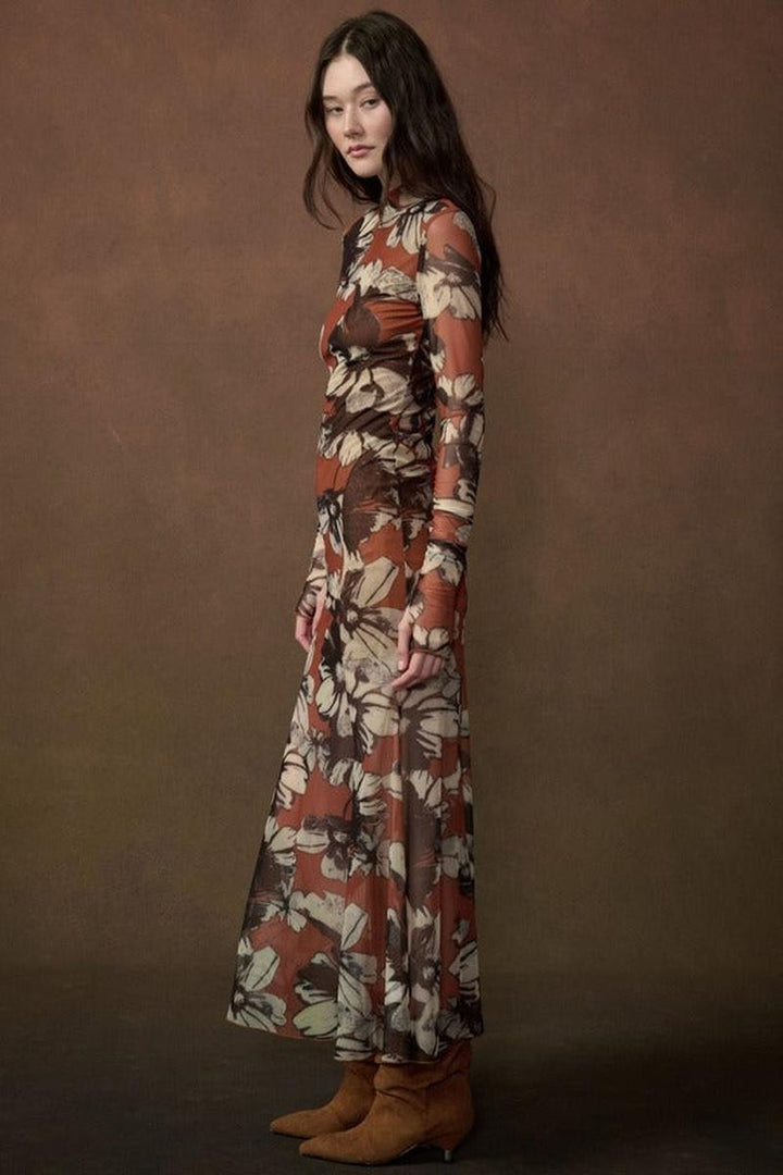 Promesa USA - Floral-Print Mesh Mock-Neck Thumbhole Maxi Dress