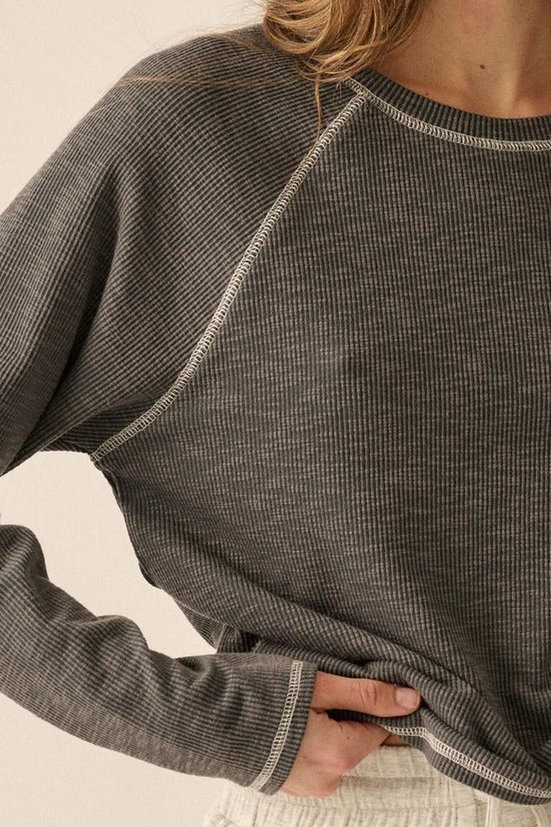 Promesa USA - Reverse Seam Raglan Sleeve Rib-Knit Top in Dark Chambray