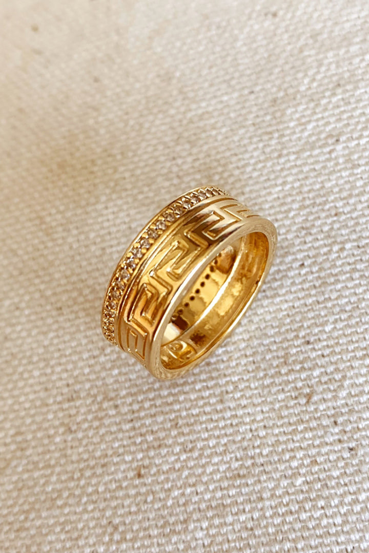 GoldFi - 18k Gold Filled Greek Pattern Band Ring with Cubic Zirconia Detail