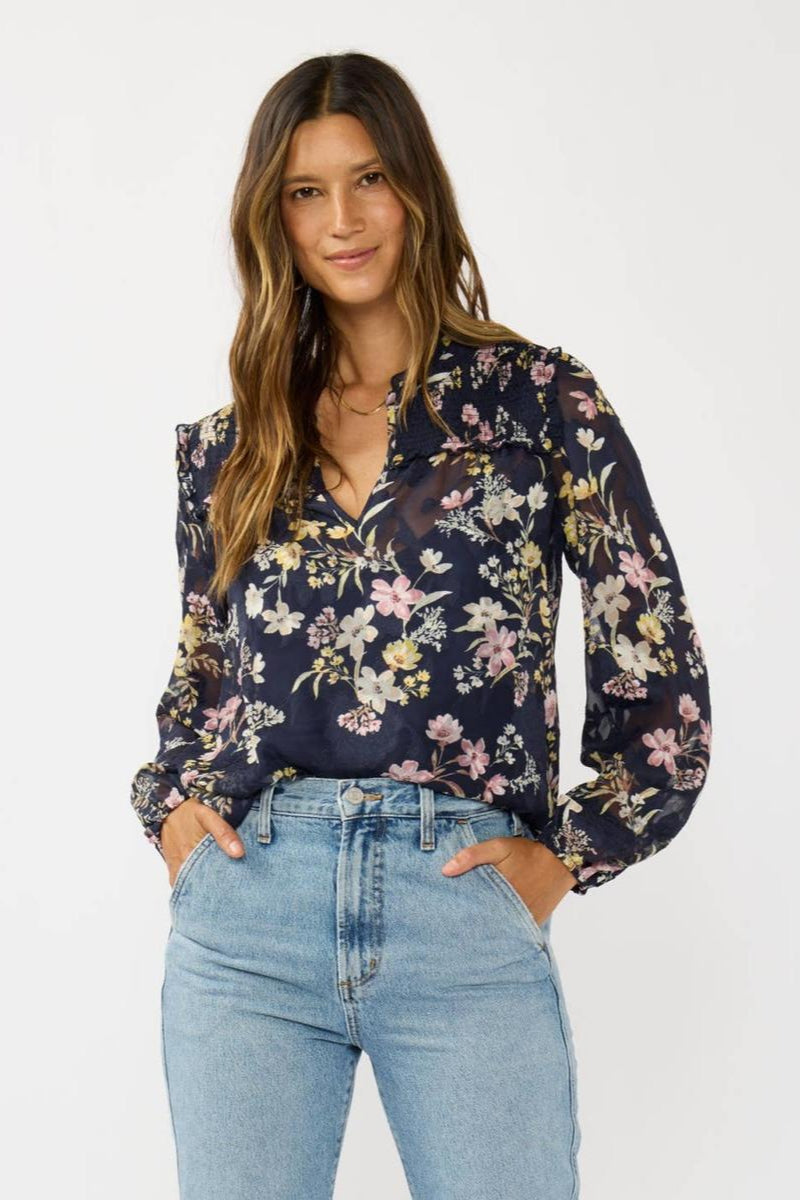 Lovestitch - Smocked Yoke Ruffle Blouse Navy Combo