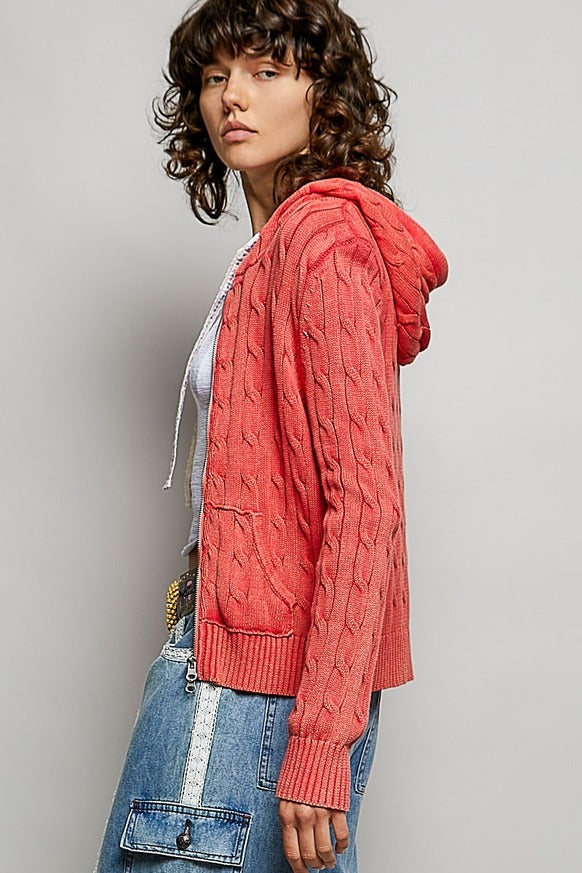 Pol Clothing - Full Sleeve Solid Acrylic Sweater Hoodie Zip Up Knit Top