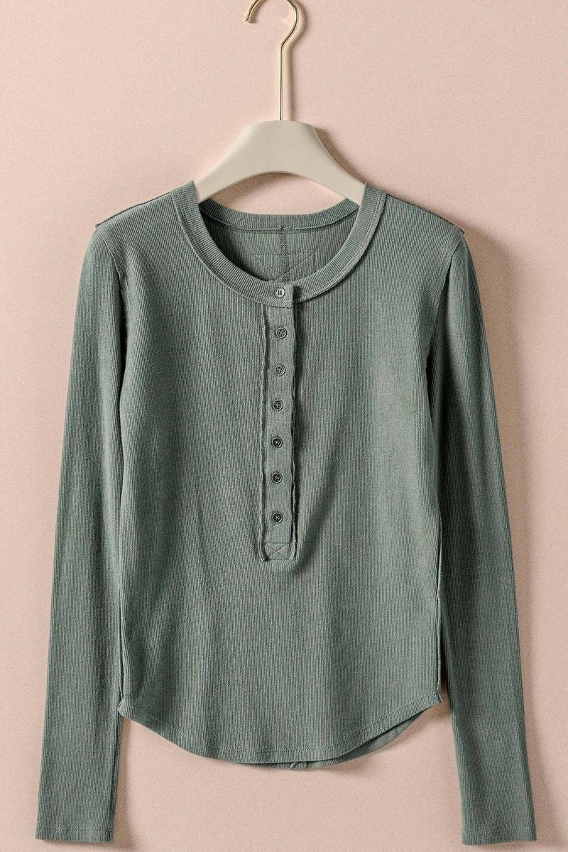 Urban Daizy - Ribbed Henley Long Sleeve Top