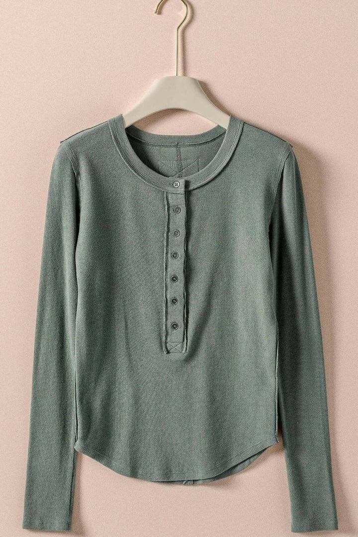 Urban Daizy - Ribbed Henley Long Sleeve Top
