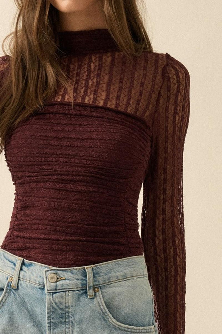 Promesa USA - Striped Floral Lace Ruched Mock-Neck Bodysuit in Baked Plum