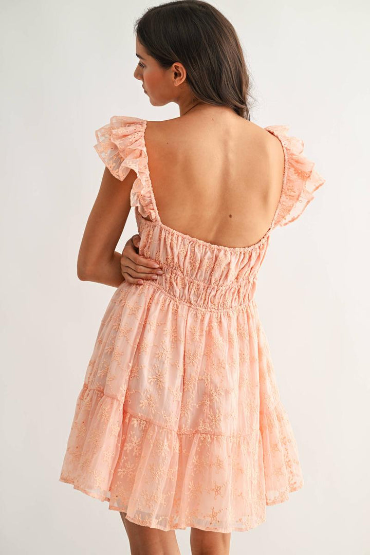 Camellia - Chiffon Flutter Embroidered Sleeve Mini Dress in Coral