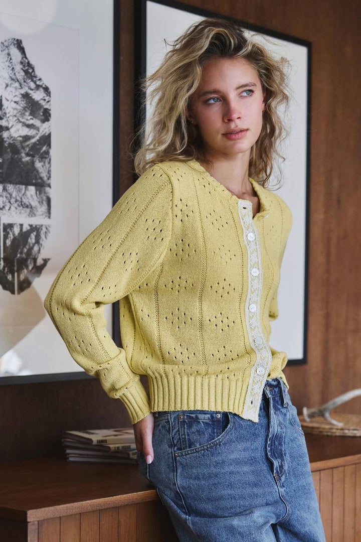 Urban Daizy - Pointelle Knit Cardigan Lace Trim Button Down in Yellow Kiwi