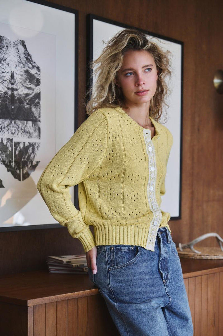 Urban Daizy - Pointelle Knit Cardigan Lace Trim Button Down in Yellow Kiwi