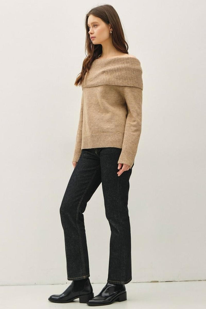Be Cool - Roll Over Off the Shoulder Wool Blend Sweater in Taupe
