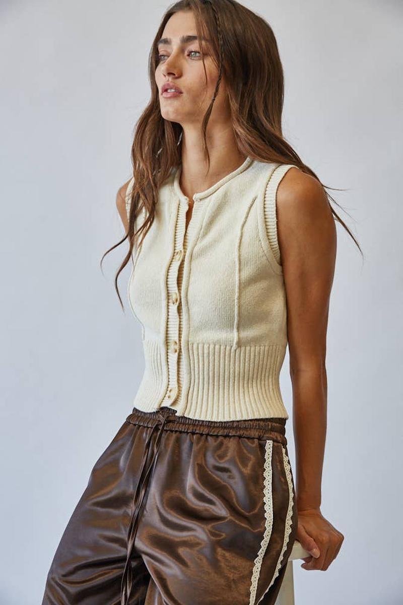 Creamon - Natural Roll Up Neck Sweater Vest Top