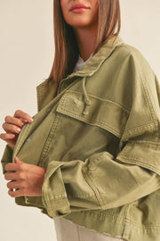 Miou Muse - Washed Distress Cotton Jacket in Light Olive
