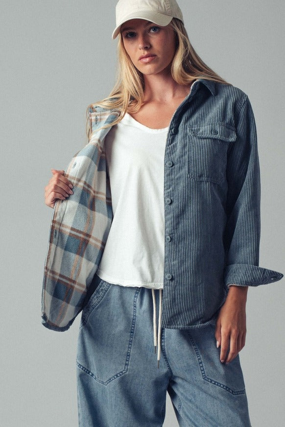 Urban Daizy - Plaid Lined Corduroy Flannel Shacket