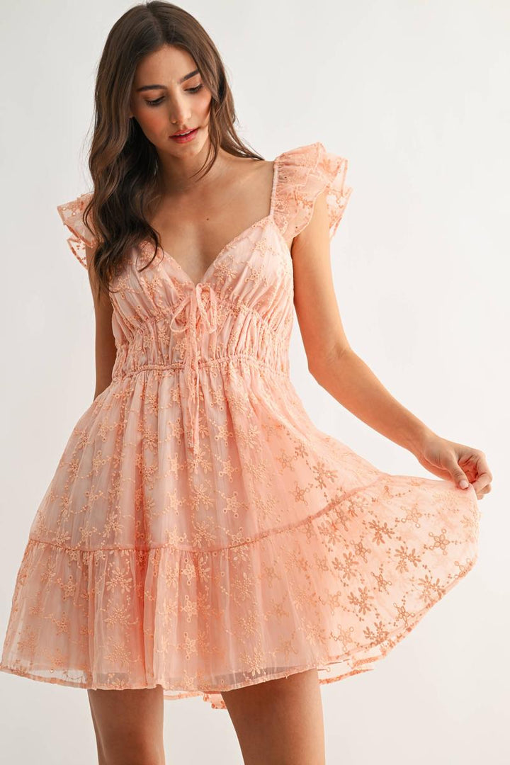 Camellia - Chiffon Flutter Embroidered Sleeve Mini Dress in Coral
