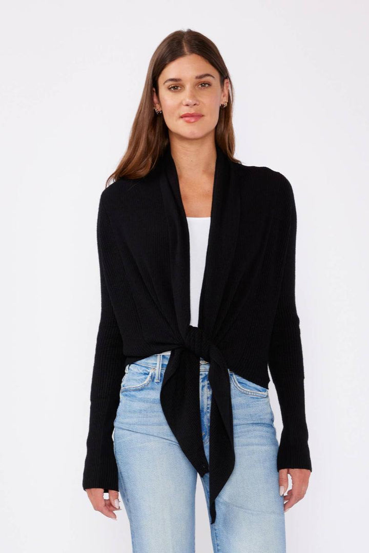 Lovestitch - Waffle Knit Long Sleeve Tie Front Cardigan in Black