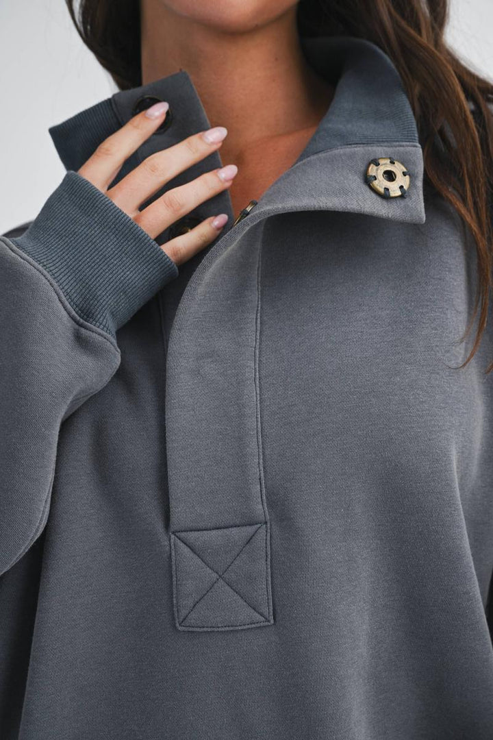 AEMI + CO - Oversized Snap Neck Pullover Sweatshirt in Charcoal