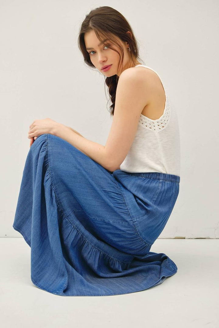 Be Cool - Denim Look Tencel Tiered Maxi Skirt in Medium Wash