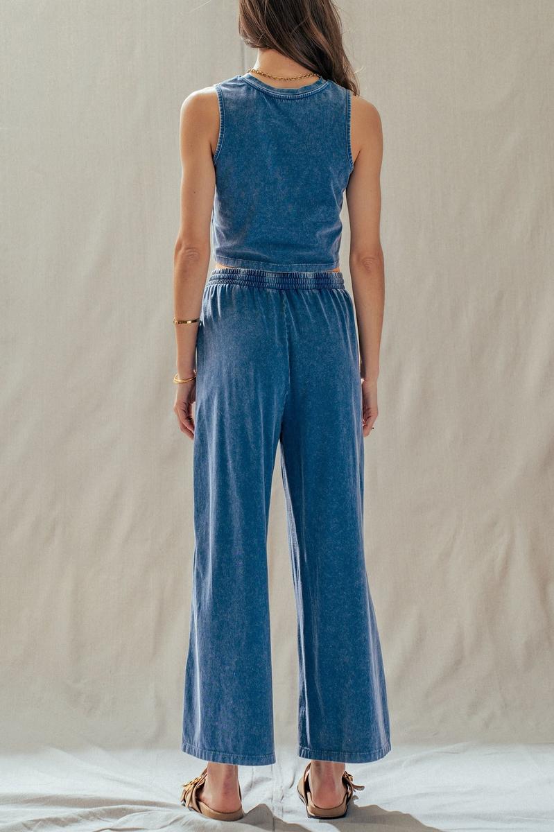 Urban Daizy - Mineral Wash Cotton Crop Tank & Wide Leg Pant Set in Navy