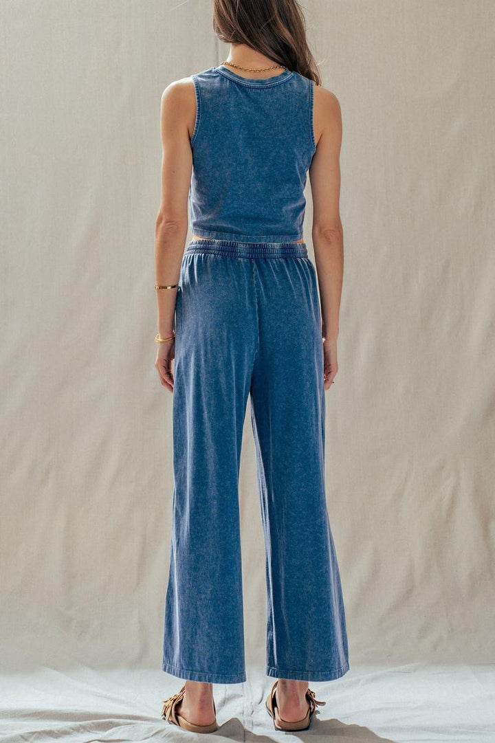 Urban Daizy - Mineral Wash Cotton Crop Tank & Wide Leg Pant Set in Navy