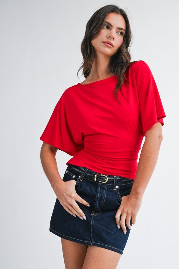 AEMI + CO - Draped Short Sleeve Back Tie Top