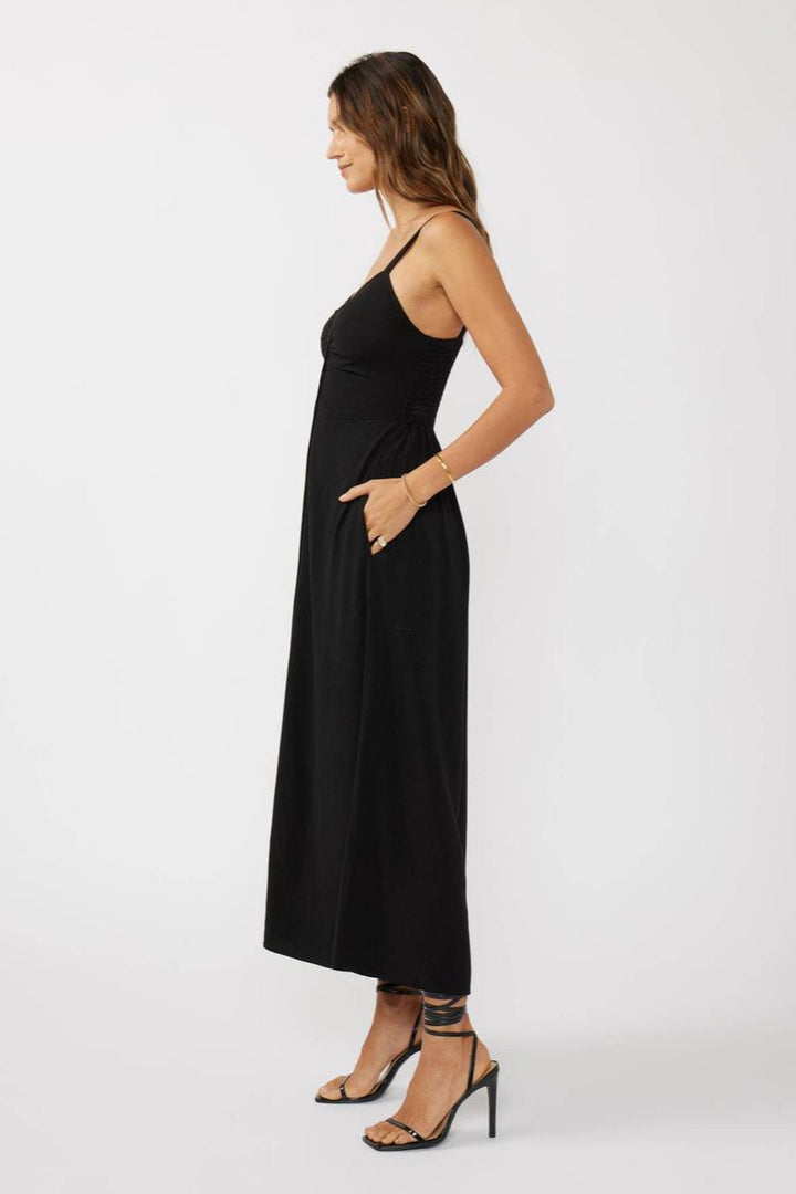 Lovestitch - V-Neck Ruched Button Down Maxi Dress in Black